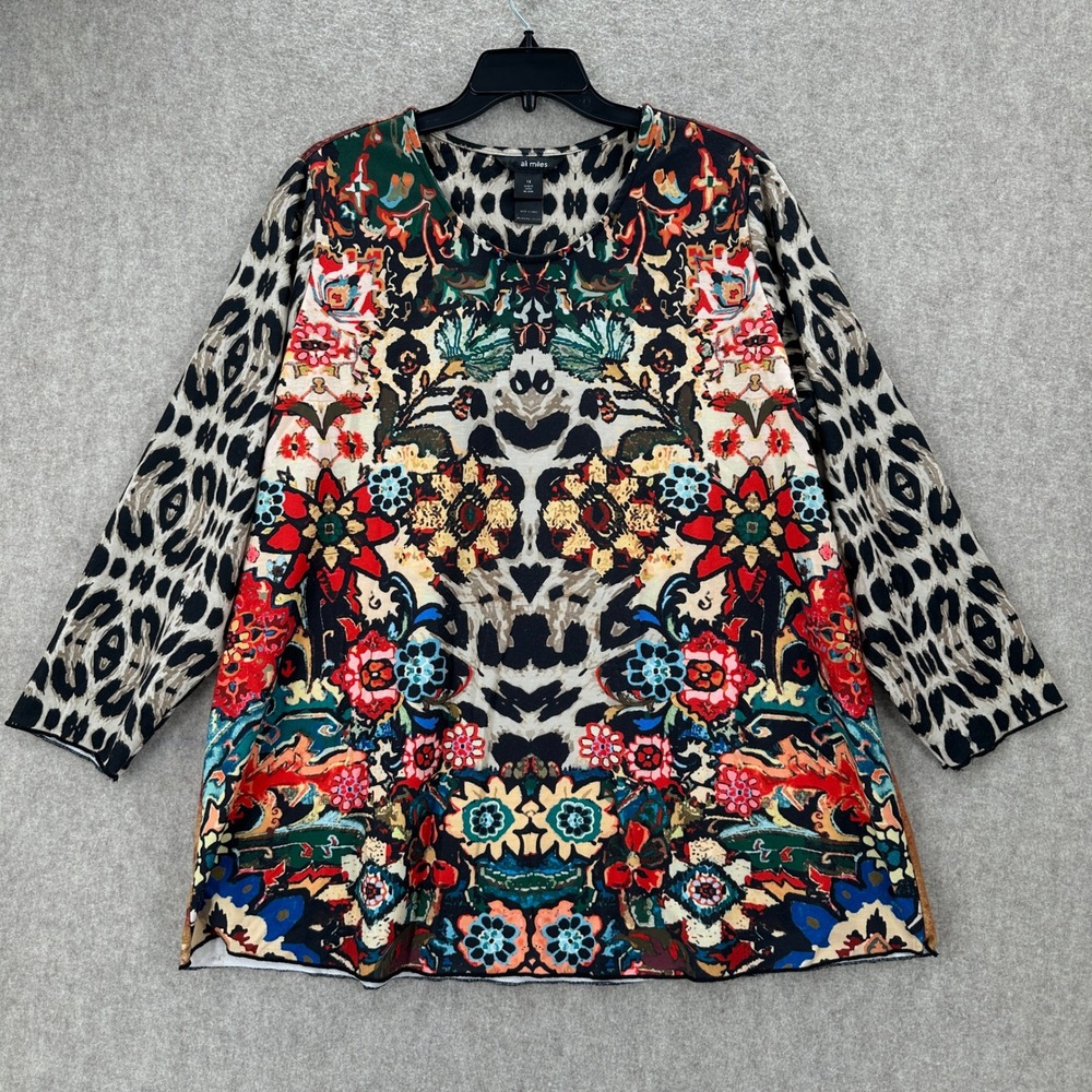 Ali Miles Womens 1X Mixed Print Tunic Top‎ Floral Leopard Long Sleeve Red Multi